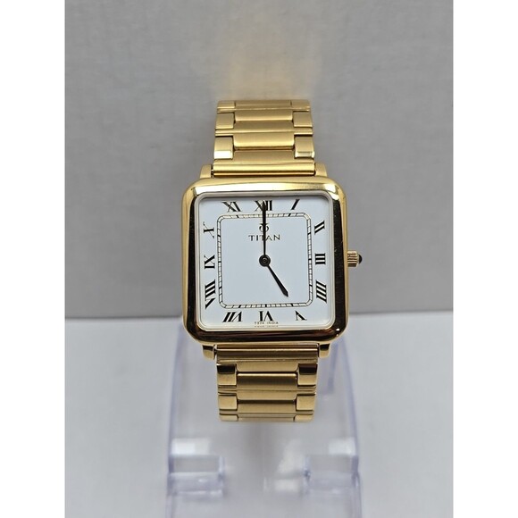 Titan Quartz Gold Tone Square Watch White 29mm Roman Bracelet New Battery 510YAC - Picture 1 of 12